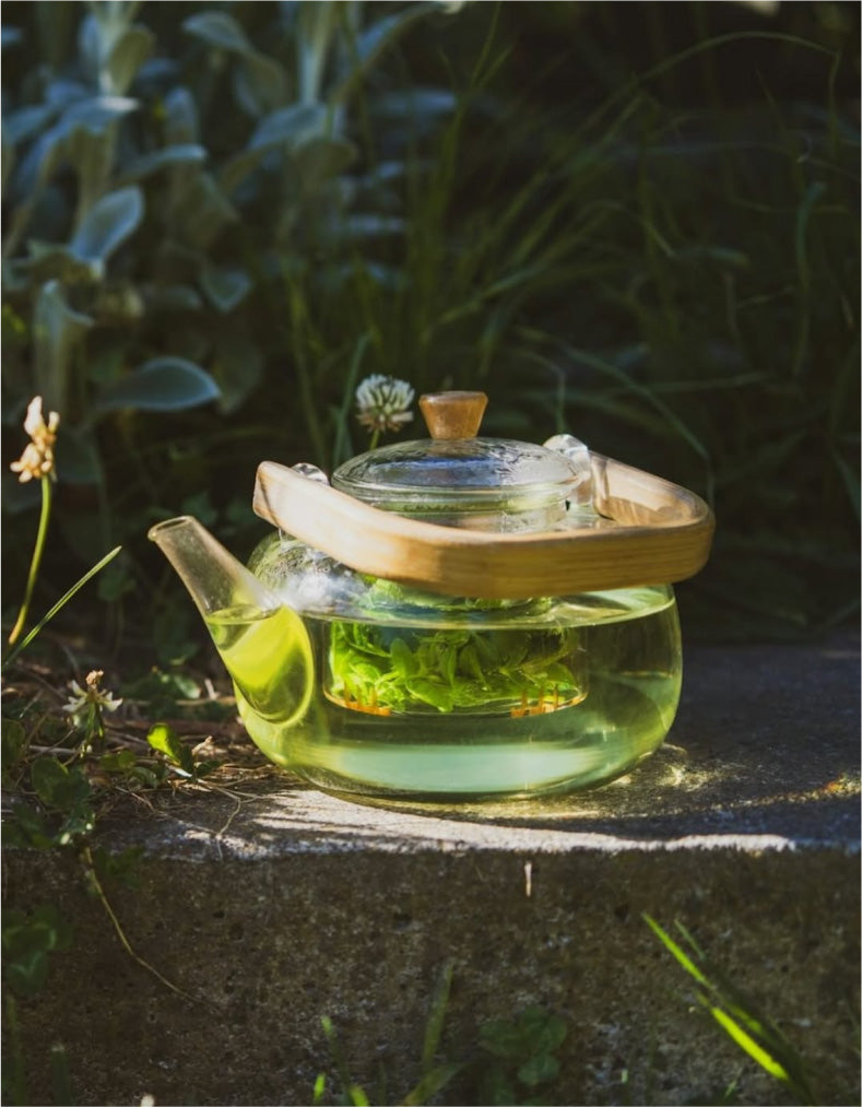 photo of a clear teapot on a concrete ledge with light green tea in it