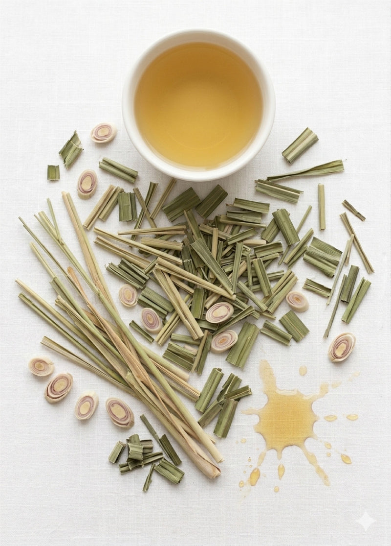 photo of white teacup with light tea inside and scattered lemongrass cuttings around it